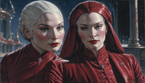 looking at viewer,blush,blue eyes,multiple girls,black hair,dress,2girls,jewelry,closed mouth,upper body,braid,white hair,earrings,sky,hair bun,blurry,lips,grey eyes,makeup,night,blurry background,siblings,red dress,single hair bun,lipstick,sisters,veil,freckles,realistic,red lips,blonde hair,gloves,jacket,pale skin,portrait