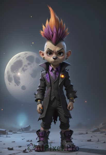 solo,looking at viewer,short hair,shirt,long sleeves,1boy,animal ears,brown eyes,jewelry,closed mouth,standing,jacket,full body,pink hair,male focus,multicolored hair,earrings,boots,open clothes,necktie,pointy ears,collared shirt,pants,black footwear,orange hair,vest,coat,black jacket,torn clothes,night,frown,scar,black pants,piercing,moon,ring,spiked hair,ear piercing,furry,full moon,clenched hands,single earring,purple shirt,furry male,purple necktie,purple vest,mohawk,torn jacket,1girl,nail polish,bracelet,two-tone hair,night sky,spikes,very short hair,undercut