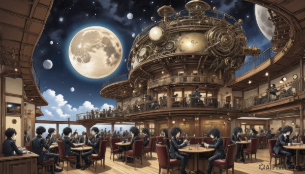 smile,short hair,multiple girls,brown hair,black hair,long sleeves,holding,sitting,standing,jacket,food,multiple boys,necktie,sky,glasses,pants,cloud,indoors,black footwear,looking at another,cup,window,night,chair,eating,formal,moon,table,crossed legs,suit,star (sky),night sky,scenery,holding cup,full moon,plate,drinking glass,tray,starry sky,science fiction,6+boys,teacup,wooden floor,spoon,clock,glass,wine glass,stool,planet,saucer,gears,cafe,globe,telescope,school uniform,book,6+girls,gakuran