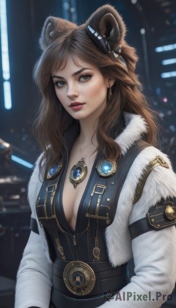 1girl,solo,long hair,breasts,looking at viewer,brown hair,gloves,long sleeves,animal ears,cleavage,brown eyes,jewelry,medium breasts,jacket,upper body,earrings,parted lips,belt,necklace,mole,blurry,lips,coat,fur trim,makeup,blurry background,gem,pendant,realistic,nose,red lips,bangs,fake animal ears,lipstick,bear ears