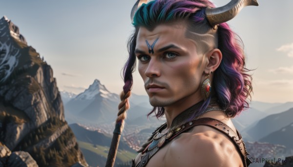 1girl,solo,long hair,looking at viewer,short hair,blue eyes,black hair,1boy,bare shoulders,jewelry,blue hair,upper body,purple hair,braid,male focus,multicolored hair,earrings,outdoors,horns,sky,day,dark skin,necklace,from side,two-tone hair,lips,facial mark,portrait,freckles,mountain,realistic,nose,mountainous horizon,facial hair,staff,scenery