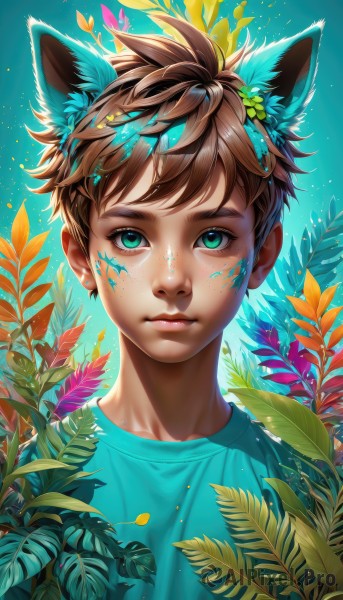 solo,looking at viewer,short hair,bangs,brown hair,shirt,hair ornament,1boy,animal ears,closed mouth,green eyes,upper body,flower,male focus,artist name,cat ears,aqua eyes,lips,gradient,gradient background,leaf,watermark,blue background,bug,blue shirt,plant,portrait,extra ears,freckles,nose,paint splatter,paint splatter on face,jewelry,earrings,hair flower,facial mark,wolf ears,dog ears,web address,facepaint,male child,leaf hair ornament,aqua shirt