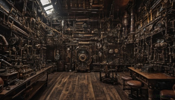 indoors,no humans,window,chair,table,scenery,science fiction,wooden floor,clock,stool,gears,steampunk,day,sunlight,bar (place)