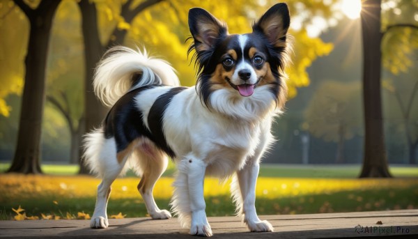 HQ,solo,looking at viewer,blue eyes,standing,full body,outdoors,day,tongue,artist name,signature,tongue out,blurry,tree,pokemon (creature),no humans,depth of field,blurry background,animal,leaf,grass,dog,realistic,animal focus,autumn,brown eyes,sunlight,nature,web address,puppy