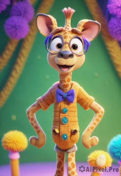 solo,looking at viewer,smile,open mouth,shirt,1boy,bow,animal ears,brown eyes,standing,tail,flower,short sleeves,male focus,glasses,shorts,bowtie,blurry,blurry background,blue bow,furry,hands on hips,purple flower,furry male,buck teeth,hat,yellow eyes,:d,artist name,no humans,fangs,watermark,web address,animal costume,company name