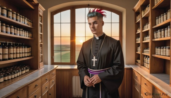 solo,looking at viewer,short hair,black hair,long sleeves,1boy,jewelry,closed mouth,standing,pink hair,male focus,red hair,multicolored hair,indoors,dark skin,wide sleeves,necklace,black eyes,two-tone hair,book,window,dark-skinned male,own hands together,cross,sunset,robe,bookshelf,undercut,cross necklace,shelf,mohawk,priest,realistic,cabinet