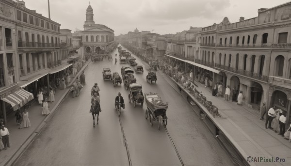 multiple girls,hat,monochrome,greyscale,outdoors,multiple boys,sky,6+girls,ground vehicle,building,scenery,6+boys,city,road,architecture,bridge,street,train,long hair,dress,tree,motor vehicle,walking,car,lamppost,tower,statue,crowd,church,people