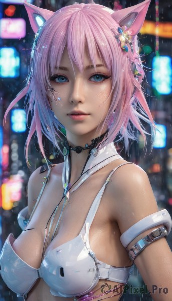 1girl,solo,breasts,looking at viewer,short hair,bangs,blue eyes,hair ornament,animal ears,cleavage,bare shoulders,medium breasts,swimsuit,upper body,pink hair,bikini,multicolored hair,parted lips,choker,cat ears,blurry,lips,wet,makeup,depth of field,blurry background,white bikini,facial mark,bikini top only,science fiction,realistic,nose,miqo'te,cyberpunk,jewelry,outdoors,shiny,artist name,shiny skin,eyelashes,fake animal ears,armlet,rain,arm strap