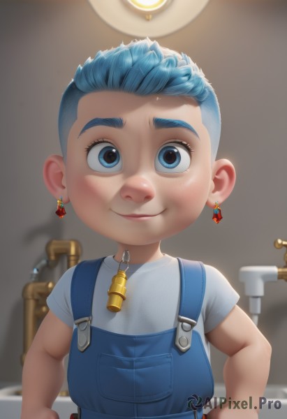 1girl,solo,looking at viewer,smile,short hair,blue eyes,shirt,1boy,jewelry,closed mouth,blue hair,white shirt,upper body,short sleeves,male focus,earrings,indoors,blurry,bell,blurry background,t-shirt,child,freckles,hands on hips,female child,overalls,male child,very short hair,light bulb,blue overalls,artist name,hand on hip,thick eyebrows,aged down,zipper,realistic