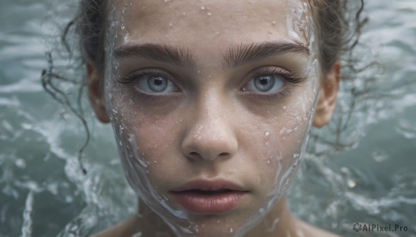 1girl, solo, looking at viewer, blue eyes, brown hair, parted lips, water, lips, wet, grey eyes, portrait, close-up, realistic