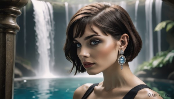 1girl,solo,looking at viewer,short hair,blue eyes,brown hair,bare shoulders,jewelry,collarbone,earrings,parted lips,day,water,blurry,lips,eyelashes,makeup,piercing,tank top,ear piercing,portrait,realistic,nose,red lips,waterfall,bangs,closed mouth,upper body,outdoors,blurry background,gem,pillar,fountain