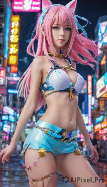 1girl,solo,long hair,breasts,looking at viewer,bangs,blue eyes,skirt,large breasts,navel,animal ears,cleavage,bare shoulders,jewelry,medium breasts,underwear,standing,swimsuit,pink hair,bikini,thighs,cowboy shot,hairband,outdoors,parted lips,shorts,midriff,belt,cat ears,miniskirt,necklace,stomach,bra,blurry,lips,short shorts,thigh strap,night,blurry background,fake animal ears,bikini top only,city,realistic,closed mouth,earrings,artist name,signature,collar,bell,makeup,depth of field,chain,headphones,watermark,white bikini,gem,web address,o-ring,eyeshadow,contrapposto,animal ear headphones,cat ear headphones,cyberpunk,neon lights