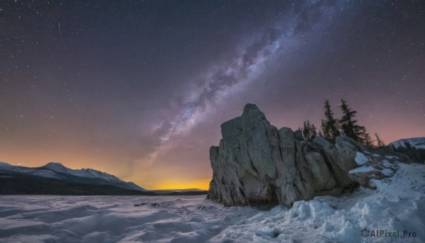 outdoors,sky,cloud,water,tree,no humans,night,ocean,beach,star (sky),nature,night sky,scenery,snow,forest,starry sky,sunset,rock,mountain,sand,horizon,winter,landscape,mountainous horizon,gradient sky,shore,shooting star