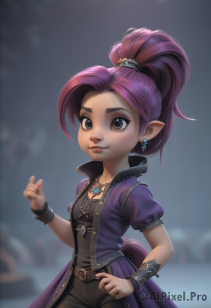 1girl,solo,long hair,breasts,looking at viewer,smile,jewelry,ponytail,pink hair,purple hair,short sleeves,multicolored hair,cowboy shot,earrings,small breasts,open clothes,shorts,pointy ears,puffy sleeves,belt,pants,artist name,necklace,blurry,black eyes,bracelet,puffy short sleeves,lips,coat,grey eyes,depth of field,blurry background,heterochromia,high ponytail,pendant,freckles,brown eyes,dark skin,dark-skinned female,corset,brown belt