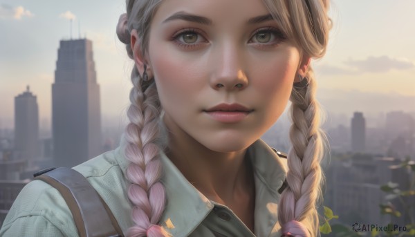 1girl,solo,long hair,looking at viewer,blonde hair,shirt,brown eyes,jewelry,closed mouth,green eyes,upper body,pink hair,braid,multicolored hair,earrings,outdoors,sky,collared shirt,cloud,blurry,twin braids,two-tone hair,lips,eyelashes,gradient hair,makeup,blurry background,piercing,building,ear piercing,portrait,freckles,city,realistic,nose,cityscape,bangs,brown hair,day,artist name,uniform,depth of field,sunlight,cloudy sky,close-up,backlighting,skyscraper