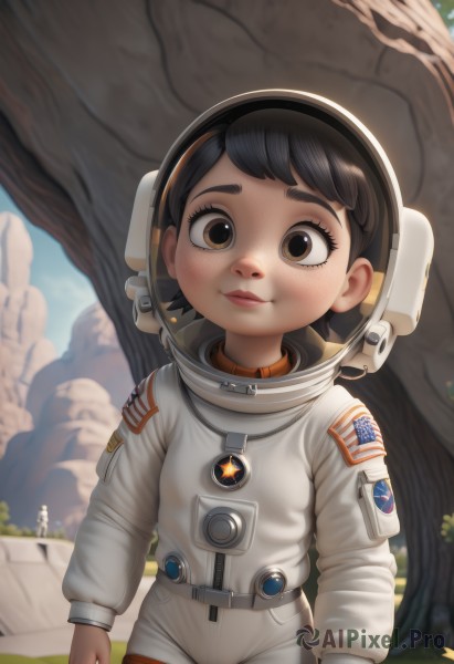 1girl,solo,looking at viewer,smile,short hair,bangs,multiple girls,black hair,long sleeves,2girls,brown eyes,closed mouth,outdoors,solo focus,day,blurry,tree,lips,blurry background,helmet,child,freckles,spacesuit,space helmet,astronaut,blush,brown hair,cowboy shot,sky,star (symbol),realistic,nose,arms at sides,american flag