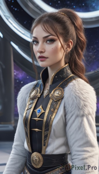 1girl,solo,long hair,looking at viewer,brown hair,brown eyes,jewelry,upper body,ponytail,earrings,parted lips,belt,mole,lips,coat,fur trim,mole under eye,makeup,freckles,realistic,nose,white coat,breasts,bangs,long sleeves,dress,artist name,necklace,blurry,blurry background,lipstick,gem,star (sky),eyeshadow,space