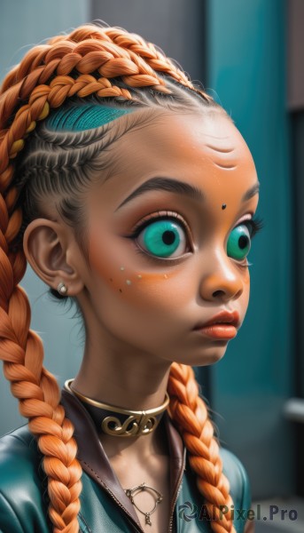 1girl,solo,long hair,blue eyes,jewelry,closed mouth,green eyes,upper body,braid,multicolored hair,earrings,choker,artist name,dark skin,necklace,orange hair,blurry,twin braids,two-tone hair,aqua eyes,dark-skinned female,lips,eyelashes,makeup,blurry background,facial mark,piercing,lipstick,portrait,forehead,zipper,freckles,realistic,nose,red lips,stud earrings,multiple braids,looking at viewer,jacket,mole,ear piercing,wide-eyed,forehead mark,gold choker