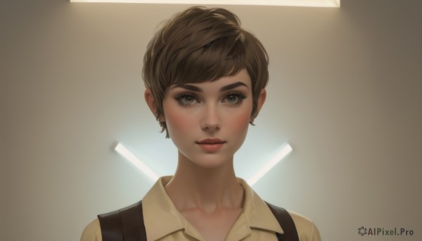 1girl,solo,looking at viewer,smile,short hair,bangs,brown hair,shirt,brown eyes,closed mouth,upper body,earrings,collared shirt,lips,grey eyes,eyelashes,makeup,suspenders,lipstick,portrait,realistic,nose,red lips,simple background,white background,jewelry,thick eyebrows,yellow shirt