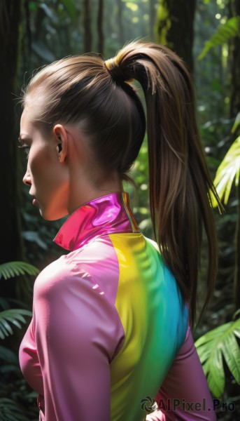 1girl,solo,long hair,breasts,brown hair,black hair,long sleeves,medium breasts,closed mouth,upper body,ponytail,outdoors,day,from behind,blurry,from side,tree,lips,bodysuit,profile,blurry background,looking away,sunlight,high ponytail,plant,nature,forest,realistic,nose,hair tie,hair pulled back,pink bodysuit,jacket,freckles,earphones,earbuds