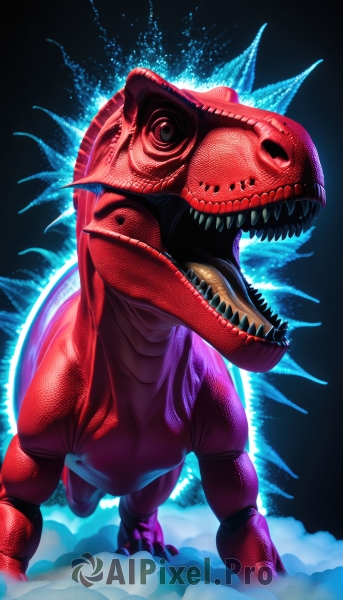 solo,open mouth,standing,teeth,tongue,no humans,sharp teeth,claws,smoke,monster,realistic,aura,glowing,dinosaur