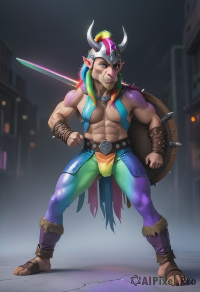 solo,long hair,looking at viewer,blue eyes,blonde hair,1boy,navel,holding,jewelry,full body,weapon,male focus,multicolored hair,green hair,horns,pointy ears,belt,pants,sword,holding weapon,tattoo,muscular,blurry background,facial hair,holding sword,abs,helmet,pectorals,muscular male,genderswap,bara,beard,large pectorals,bulge,topless male,shield,fake horns,bare pectorals,genderswap (ftm),weapon over shoulder,biceps,holding shield,horned helmet,standing,barefoot,artist name,necklace,bracelet,fur trim,furry,furry male,leggings,hooves