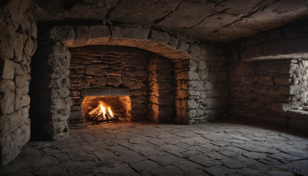 outdoors,no humans,fire,scenery,stairs,wall,ruins,brick wall,torch,cave,stone floor,stone wall,sitting,weapon,sword,indoors,shadow,pillar,crack,fireplace,wood,cracked floor