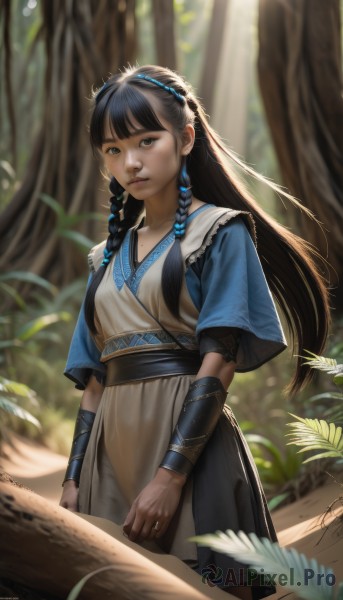 1girl,solo,long hair,breasts,looking at viewer,bangs,black hair,hair ornament,dress,brown eyes,jewelry,closed mouth,standing,braid,flower,short sleeves,cowboy shot,hairband,small breasts,outdoors,parted lips,day,artist name,signature,mole,blurry,twin braids,tree,lips,sash,blurry background,watermark,sunlight,plant,nature,forest,realistic,nose,black eyes,depth of field,ring,backlighting,light rays,bracer,wrist guards