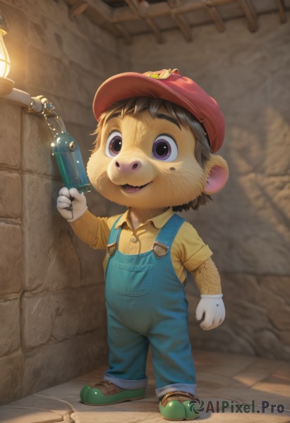 solo,smile,short hair,open mouth,brown hair,shirt,gloves,1boy,hat,holding,animal ears,brown eyes,standing,purple eyes,full body,short sleeves,male focus,food,shoes,collared shirt,indoors,white gloves,child,red headwear,furry,yellow shirt,lantern,lamp,overalls,furry male,male child,mario,long sleeves,outdoors,teeth,artist name,hand up,blurry,:3,buttons,watermark,baseball cap,realistic,wall,brick wall,syringe,green footwear