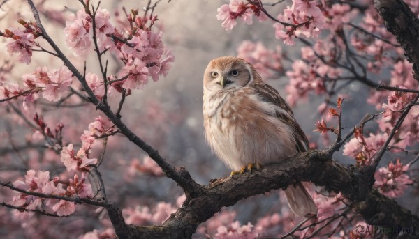 looking at viewer, flower, outdoors, blurry, tree, no humans, depth of field, blurry background, bird, animal, cherry blossoms, realistic, branch, animal focus, owl