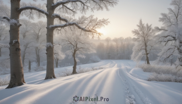 outdoors,sky,day,tree,no humans,sunlight,grass,nature,scenery,snow,forest,mountain,sun,winter,bare tree,landscape,fog,sunrise,pine tree,1girl,cloud