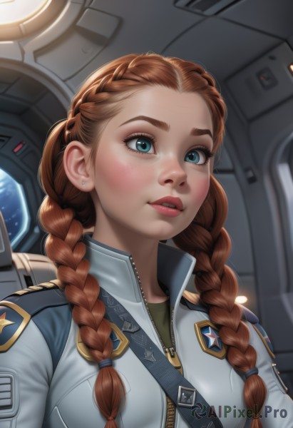 1girl,solo,long hair,breasts,blue eyes,brown hair,twintails,jewelry,medium breasts,upper body,braid,earrings,parted lips,teeth,artist name,uniform,twin braids,lips,eyelashes,piercing,forehead,zipper,freckles,realistic,unzipped,stud earrings,blush,shirt,indoors,signature,military,window,military uniform,makeup,thick eyebrows,hair over shoulder,eyeshadow,nose,emblem,crown braid,pilot suit,badge,cockpit,pilot