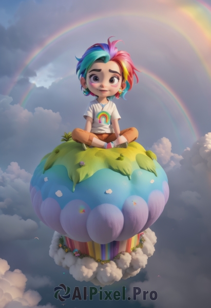 1girl,solo,looking at viewer,blush,smile,short hair,open mouth,shirt,1boy,brown eyes,jewelry,sitting,blue hair,white shirt,pink hair,flower,short sleeves,male focus,multicolored hair,earrings,outdoors,green hair,sky,shoes,socks,pants,artist name,cloud,necklace,makeup,leaf,watermark,blush stickers,crossed legs,cloudy sky,grass,child,androgynous,personification,indian style,brown pants,rainbow,colorful,rainbow order,rainbow gradient,rainbow hair,full body,shorts,two-tone hair,bird,t-shirt,web address,brown shorts