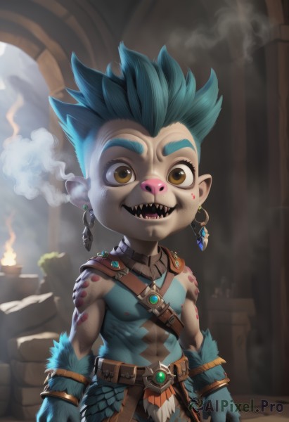 solo,looking at viewer,smile,open mouth,1boy,brown eyes,jewelry,blue hair,yellow eyes,male focus,earrings,teeth,pointy ears,belt,sharp teeth,spiked hair,smoke,topless male,male child,fish boy,navel,nipples,green hair,colored skin,abs,fire,blue skin,candle,mohawk