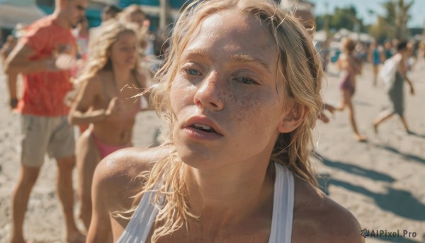 1girl,long hair,looking at viewer,blue eyes,multiple girls,blonde hair,shirt,navel,swimsuit,upper body,bikini,outdoors,parted lips,multiple boys,shorts,teeth,solo focus,day,blurry,lips,depth of field,blurry background,beach,red shirt,portrait,freckles,realistic,pink bikini,male swimwear,crowd,photo background,swim trunks,people,open mouth,2girls,bare shoulders,dark skin,dark-skinned female,halterneck,white bikini