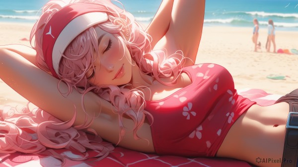 1girl,long hair,breasts,blush,smile,bangs,multiple girls,large breasts,navel,cleavage,medium breasts,closed mouth,closed eyes,upper body,pink hair,outdoors,lying,shorts,solo focus,day,midriff,belt,pants,signature,3girls,on back,armpits,water,stomach,blurry,arms up,lips,crop top,makeup,blurry background,ocean,wavy hair,beach,floral print,sleeping,arms behind head,buckle,curly hair,belt buckle,visor cap,sand,ponytail,on side,pink lips