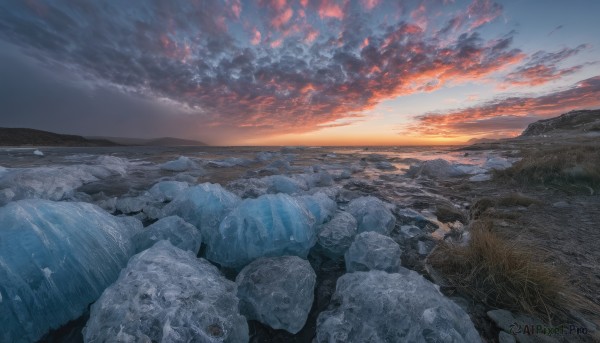 outdoors,sky,cloud,water,blue sky,no humans,ocean,cloudy sky,grass,nature,scenery,sunset,rock,mountain,horizon,river,evening,landscape,mountainous horizon,dutch angle,sunlight,shore,stone