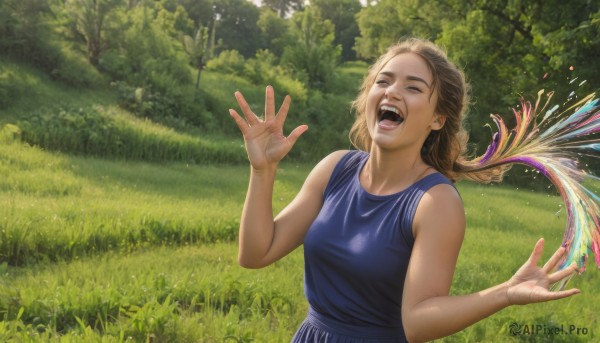 1girl,solo,long hair,breasts,open mouth,brown hair,dress,closed eyes,upper body,braid,outdoors,one eye closed,wings,teeth,sleeveless,day,tree,blue dress,grass,nature,forest,freckles,realistic,smile,blonde hair