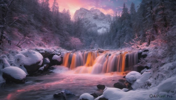 weapon, outdoors, sky, cloud, water, tree, nature, scenery, snow, forest, sunset, rock, mountain, river, waterfall, landscape