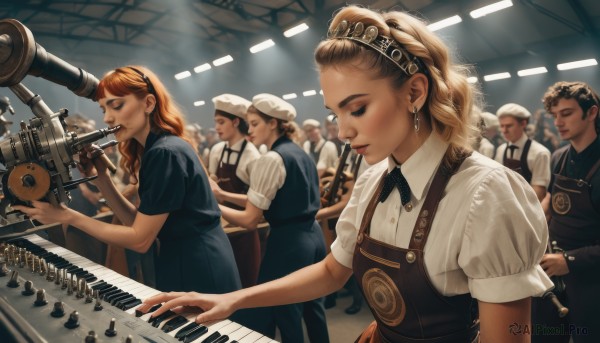 long hair,open mouth,multiple girls,blonde hair,brown hair,shirt,black hair,hat,dress,holding,2girls,jewelry,standing,closed eyes,white shirt,braid,short sleeves,hairband,earrings,multiple boys,puffy sleeves,collared shirt,indoors,3girls,medium hair,orange hair,blurry,uniform,apron,black dress,puffy short sleeves,lips,blue dress,6+girls,instrument,microphone,faceless,6+boys,realistic,music,pinafore dress,singing,playing instrument,hair pulled back,piano,keyboard (instrument),concert,grand piano,looking down,drum,stage,drum set