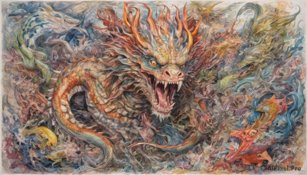 solo,looking at viewer,open mouth,yellow eyes,horns,teeth,water,no humans,fangs,traditional media,sharp teeth,fish,monster,dragon,scales,painting (medium),watercolor (medium),waves,eastern dragon,tongue,claws,fantasy