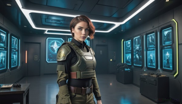 1girl,solo,looking at viewer,short hair,blue eyes,brown hair,long sleeves,brown eyes,closed mouth,standing,weapon,cowboy shot,belt,pants,indoors,armor,uniform,vest,lips,gun,military,bodysuit,military uniform,makeup,science fiction,breastplate,realistic,pilot suit,monitor,screen,bulletproof vest,hologram,computer