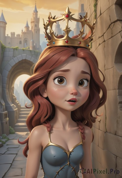 1girl,solo,long hair,breasts,looking at viewer,blush,open mouth,brown hair,cleavage,bare shoulders,brown eyes,collarbone,upper body,braid,red hair,small breasts,outdoors,parted lips,sky,teeth,sleeveless,artist name,cloud,covered nipples,lips,watermark,crown,plant,building,web address,camisole,freckles,stairs,petite,castle,dress