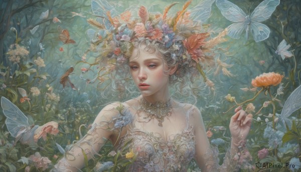 1girl,solo,long hair,breasts,blue eyes,hair ornament,dress,cleavage,jewelry,medium breasts,upper body,flower,white hair,wings,pointy ears,hair flower,necklace,tree,lips,see-through,animal,leaf,bug,feathers,plant,butterfly,nature,forest,realistic,fantasy,fairy,blonde hair,holding,bare shoulders,small breasts,outdoors,parted lips,fingernails,makeup,floating hair,looking away,blue flower,branch,vines,dragonfly