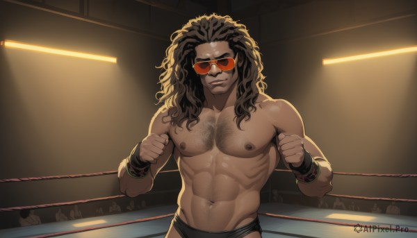 solo,long hair,looking at viewer,smile,brown hair,black hair,1boy,navel,closed mouth,nipples,male focus,solo focus,indoors,dark skin,stomach,bracelet,muscular,facial hair,wavy hair,abs,sunglasses,dark-skinned male,pectorals,muscular male,wristband,bara,beard,clenched hands,large pectorals,curly hair,topless male,tinted eyewear,chest hair,navel hair,dreadlocks,swim briefs,wrestling ring,upper body