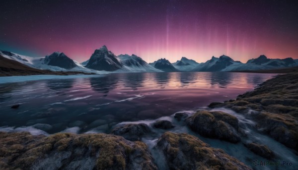 outdoors,sky,water,no humans,night,star (sky),night sky,scenery,snow,starry sky,reflection,rock,mountain,river,landscape,mountainous horizon,purple sky,aurora,lake