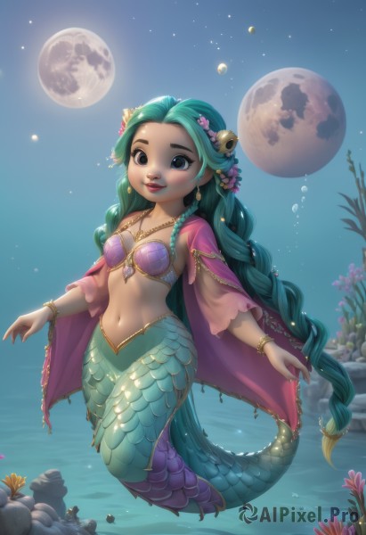 1girl,solo,long hair,breasts,smile,hair ornament,navel,brown eyes,jewelry,very long hair,full body,braid,flower,earrings,small breasts,parted lips,green hair,sky,artist name,hair flower,water,necklace,stomach,cape,black eyes,twin braids,bracelet,lips,aqua hair,night,ocean,moon,monster girl,gem,star (sky),night sky,full moon,starry sky,bubble,rock,underwater,red lips,bangle,scales,air bubble,mermaid,shell,seashell,coral,shell hair ornament,blue eyes,swimsuit,bikini,outdoors,teeth,midriff,bikini top only,pink flower,shell bikini