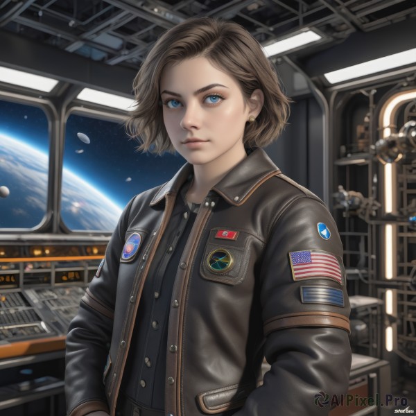 1girl,solo,looking at viewer,short hair,blue eyes,brown hair,shirt,long sleeves,jewelry,closed mouth,jacket,upper body,earrings,open clothes,artist name,indoors,signature,dated,lips,black shirt,buttons,realistic,nose,hands in pockets,space,leather,planet,leather jacket,earth (planet),american flag,union jack,bangs,belt,open jacket,black jacket,window,science fiction,badge,spacecraft