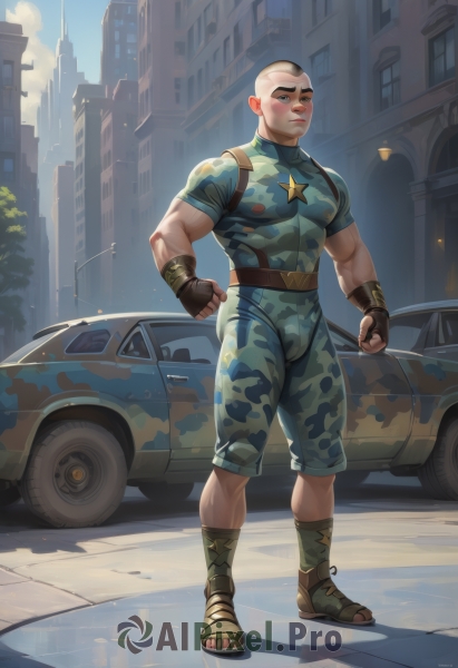 solo,looking at viewer,blush,short hair,shirt,black hair,gloves,1boy,closed mouth,full body,male focus,thighs,outdoors,shorts,belt,pants,artist name,fingerless gloves,covered nipples,bodysuit,muscular,facial hair,thick thighs,sandals,thick eyebrows,pectorals,muscular male,ground vehicle,building,bara,skin tight,motor vehicle,clenched hands,large pectorals,bulge,city,mature male,green shirt,taut clothes,car,tight,bald,very short hair,camouflage,taut shirt,harness,superhero,chest harness,covered abs,buzz cut,green bodysuit,standing,boots,sky,day,black gloves