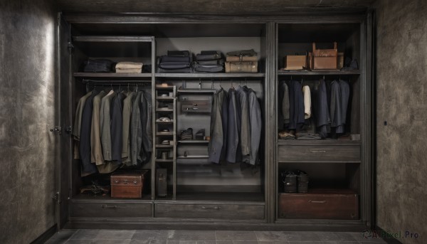 jacket,shoes,indoors,bag,no humans,window,box,scenery,door,cardboard box,suitcase,clothes hanger,clothes,necktie,formal,suit,wooden floor,mirror,still life,cabinet